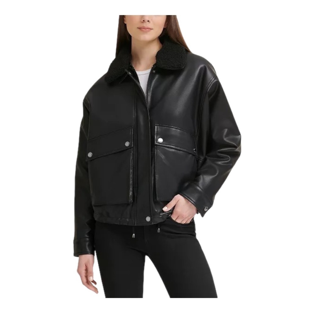 Kenneth Cole Black Faux Leather Bomber Jacket Small Zip Snap Front Coat Winter